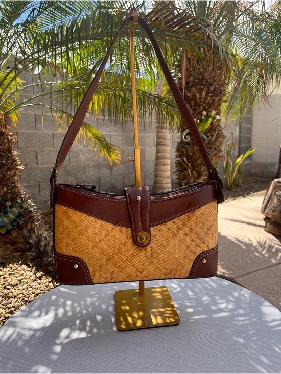 Etienne Aigner Handbags - Etienne Aigner Vintage Woven Straw Shoulder Bag with Brown Leather Trim